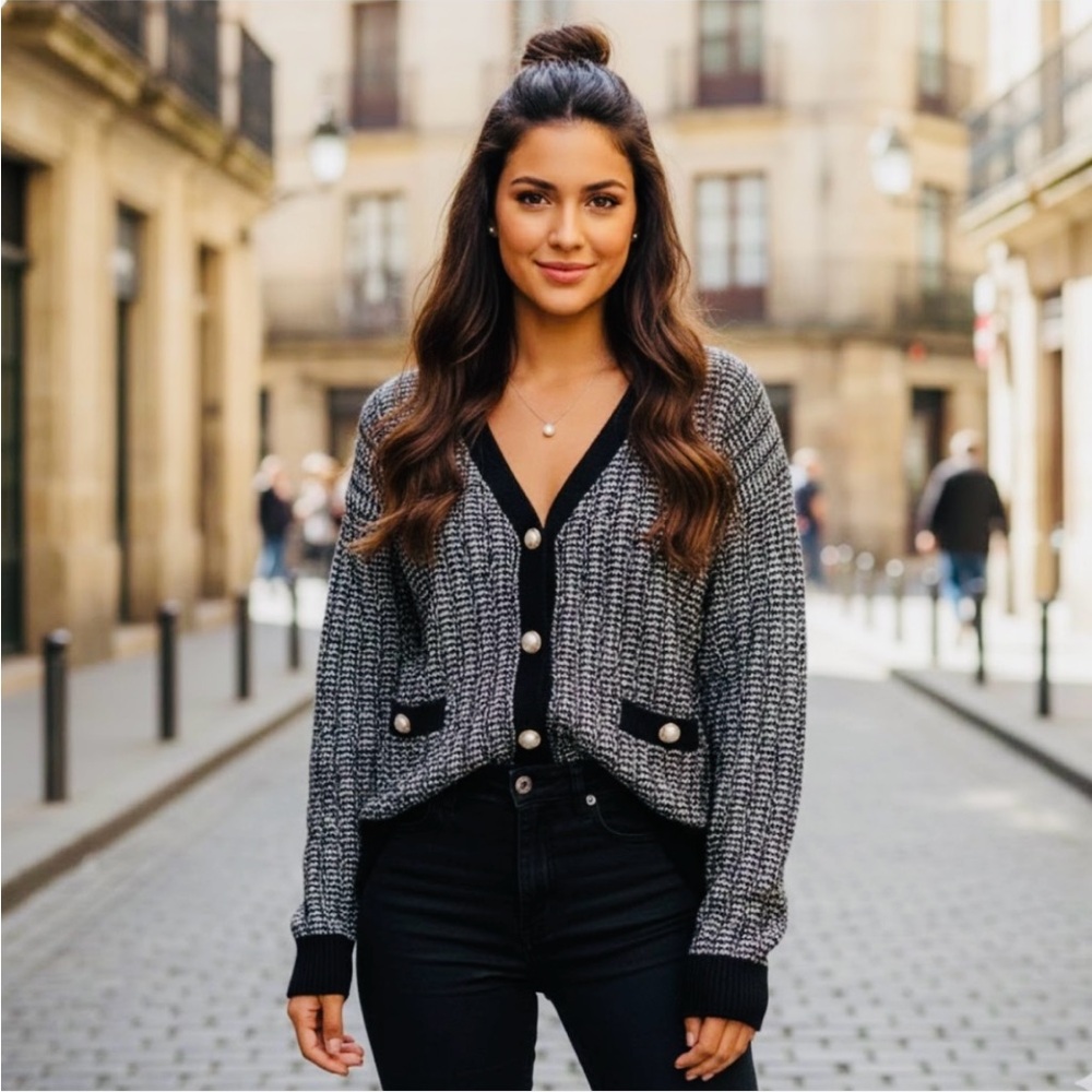 Cleo Black and Gray Cardigan Sweater with Textured Knit